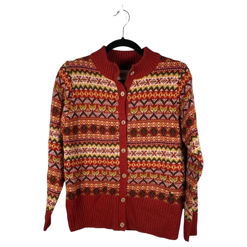 Country Rose Wool Blend Red Fair Isle Fox Print Knit Cardigan Women's Size 8